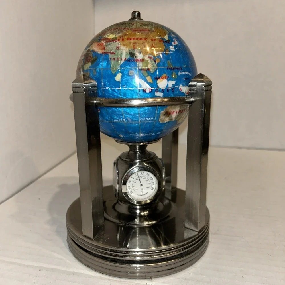 Globe By Alex‎ Kalifano-Chrome Revolving W\ 2 Clocks Thermometer & Hydrometer